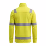 Men's high visibility jacket in fluorescent yellow, back view with stand collar, back yoke seam, two silver reflective tape bands across the back, shoulder bands and sleeve bands
