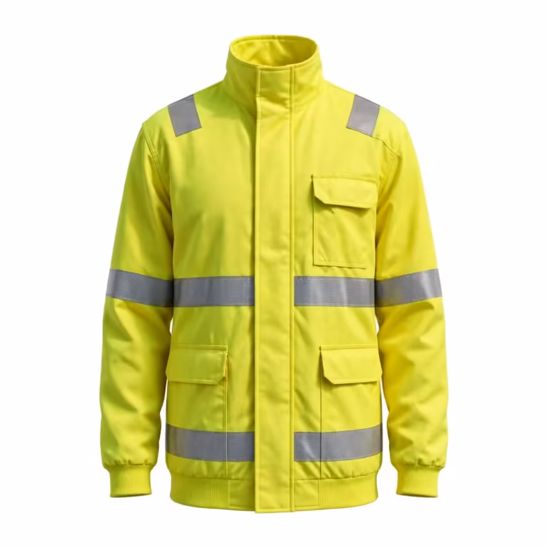 Men's high visibility jacket in fluorescent yellow, full front view with stand collar, zip storm flap, chest pocket with flap, two silver reflective tape bands around the body, one over each shoulder and one around each sleeve