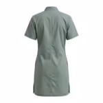Sage green housekeeping tunic back view with stand collar, centre back seam and side hem vents in matte poly-cotton