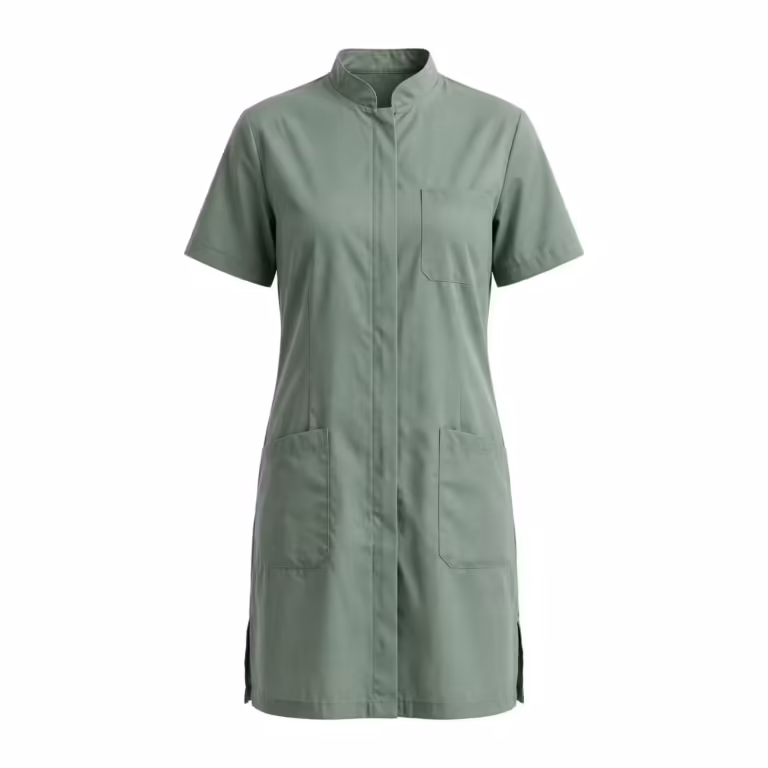 Sage green zip-front housekeeping tunic in poly-cotton, full front view with stand collar, concealed zip placket, chest pocket, two lower patch pockets and side hem vents