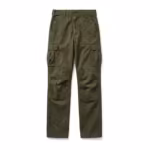 Men's hunting trousers in olive heavy cotton canvas, full front view with reinforced leg panels, bellows cargo pockets with button flaps and deep slanted front pockets