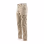 Men's hunting trousers in stone heavy cotton canvas, three-quarter ghost form angle showing the reinforced front leg panel and bellows cargo pocket in profile
