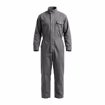 Men's one-piece industrial coverall boiler suit in stone grey cotton poly-cotton twill, full front view with stand collar, snap storm flap over a concealed two-way zip, two chest pockets with flaps and elastic waist sections