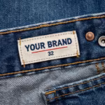Close-up of the jeans inside back waistband with woven YOUR BRAND label and waistband stitching