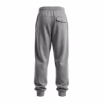 Men's cuffed jogger pants in grey marl brushed fleece, back view with a back yoke seam, one flap back pocket with a button, a full tapered leg and deep ribbed ankle cuffs