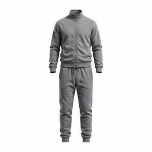 Men's two-piece jogging suit in grey marl brushed fleece, full front view of the matched set: a zip-up jacket with a ribbed stand collar, ribbed cuffs and a ribbed hem band, worn with jogger pants with an elastic drawcord waistband, side pockets and ribbed ankle cuffs
