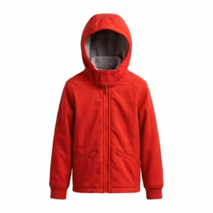 Kids softshell jacket in red bonded fleece-backed cloth, full front view with hood up, front zip with chin guard and two zip pockets
