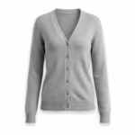 Ladies knitted cardigan in light grey marl fine-gauge knit, full front view with a V neckline, button placket, ribbed cuffs and ribbed hem