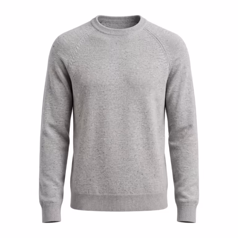 Men's knitted crew neck jumper in light grey marl cotton yarn, full front view with fully-fashioned raglan shaping marks, a ribbed crew neck band, ribbed cuffs and a ribbed hem