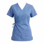 Ceil blue ladies cross over scrub top in poly-cotton poplin, full front view with a deep wrap front, side tie, short sleeves, two lower patch pockets and side vents