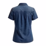 Ladies denim top back view in mid indigo stonewash with back yoke, soft gathers below the yoke and short sleeves
