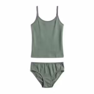 Ladies underwear set in sage green cotton jersey, camisole top and matching bikini brief laid flat as one outfit, full front view with covered elastic edges