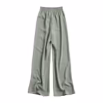 Ladies wide leg trousers in sage green polyester crepe, back view with gathered elastic back waistband, plain back and wide legs falling straight