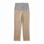 Women's maternity trousers in stone ponte, full front view with a wide grey marl jersey over-bump panel sewn into the front rise and straight full-length legs