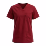Wine red V-neck scrub top in poly-cotton twill, full front view with short sleeves, two lower patch pockets, one chest pocket and side vents at the hem