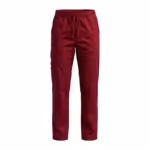 Wine red scrub trousers in poly-cotton twill, full front view with drawstring waist, elastic back, straight legs and one cargo pocket on the leg