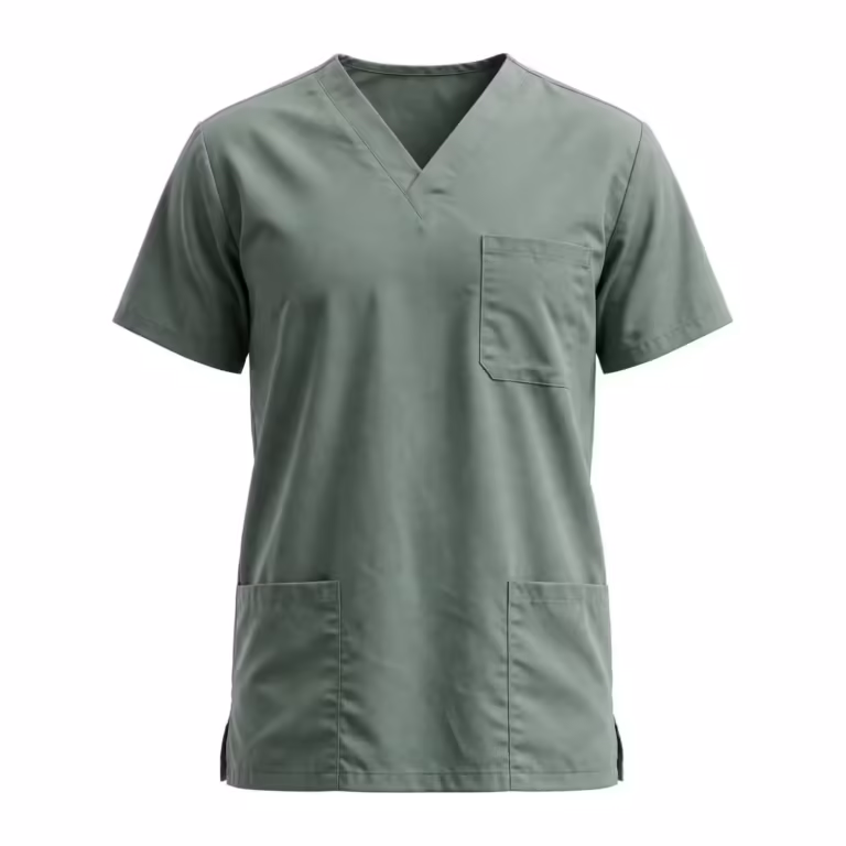 Sage green unisex medical scrub top in poly-cotton twill, full front view with a V-neck, short set-in sleeves, one chest pocket, two lower patch pockets and side vents at the hem