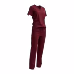 Wine medical scrub set in poly-cotton twill, V-neck unisex top over drawstring trousers with a cargo pocket, three-quarter angle view of the full outfit