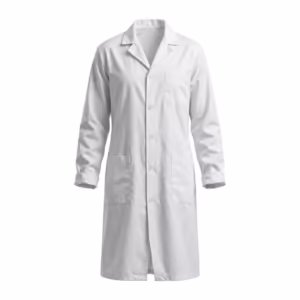 White knee-length lab coat in poly-cotton poplin, full front view with notched collar, button front, one chest pocket and two large lower patch pockets