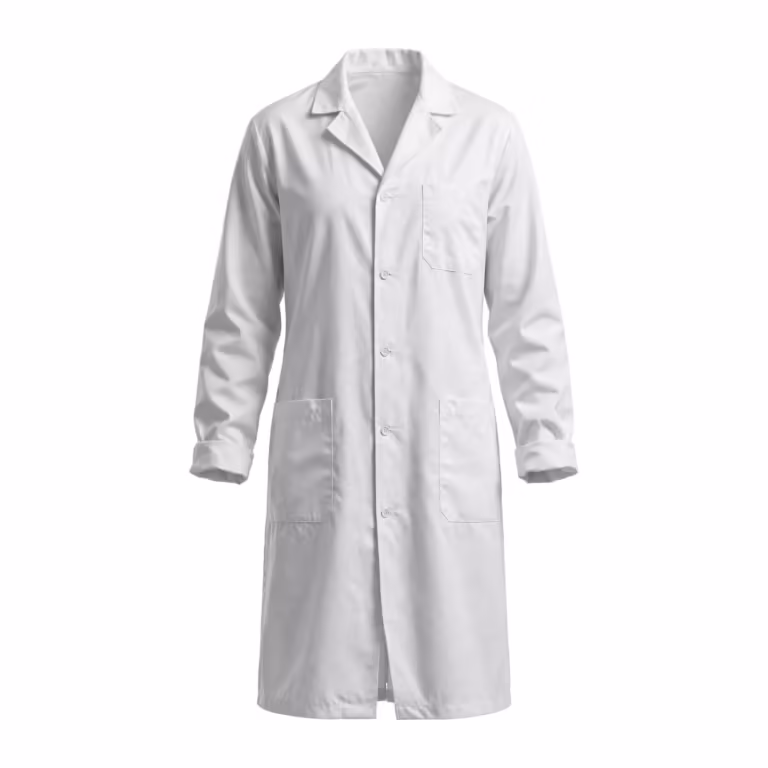 White knee-length lab coat in poly-cotton poplin, full front view with notched collar, button front, one chest pocket and two large lower patch pockets