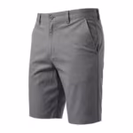 Men's bermuda shorts in grey cotton twill, three-quarter angle showing the slanted front pocket and straight leg