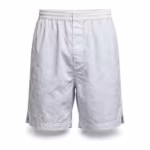 Men's boxer shorts in white cotton poplin with fine blue stripes, full front view with covered elastic waistband and button fly