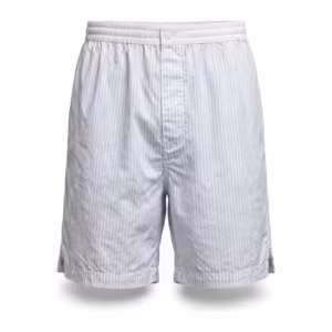 Men's boxer shorts in white cotton poplin with fine blue stripes, full front view with covered elastic waistband and button fly