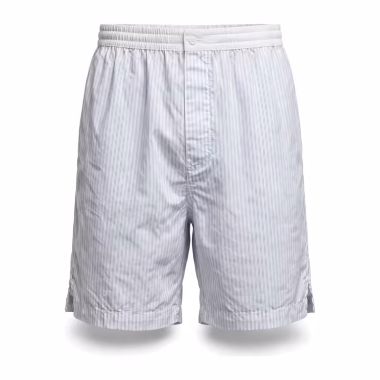 Men's boxer shorts in white cotton poplin with fine blue stripes, full front view with covered elastic waistband and button fly