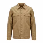 Men's canvas jacket in khaki heavy duck canvas, full front view with brass snap placket, chest pockets and lower patch pockets