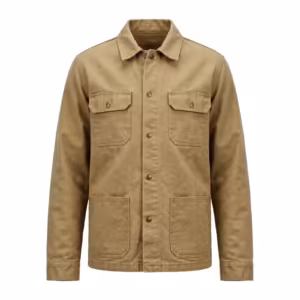 Men's canvas jacket in khaki heavy duck canvas, full front view with brass snap placket, chest pockets and lower patch pockets