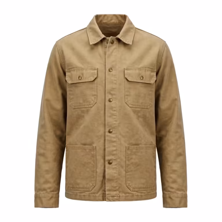 Men's canvas jacket in khaki heavy duck canvas, full front view with brass snap placket, chest pockets and lower patch pockets