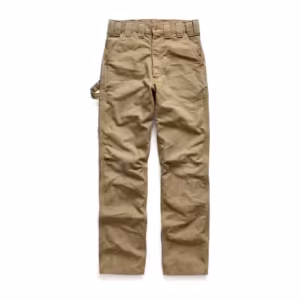 Men's heavy canvas work pants in khaki cotton duck, full front view with button fly, wide belt loops, deep slanted pockets and a hammer loop