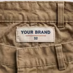 Close-up of the inside back waistband of the khaki canvas work pants showing the cream woven YOUR BRAND label with navy lettering, a red rule line and the size 32 mark, stitched into the waistband