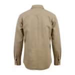 Men's canvas work shirt back view in khaki duck canvas with double shoulder yoke, sleeve plackets and curved shirttail hem
