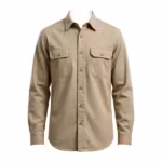 Men's canvas work shirt in khaki cotton duck canvas, full front view with point collar, button placket and two button-flap chest pockets