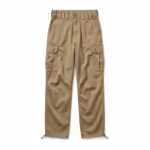 Men's cargo pants in khaki cotton twill, full front view with bellows pockets and button flaps on both thighs, slanted front pockets and drawcord hems