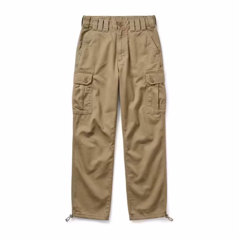Men's cargo pants in khaki cotton twill, full front view with bellows pockets and button flaps on both thighs, slanted front pockets and drawcord hems