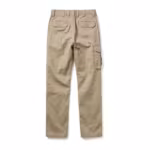 Men's cargo pants in stone cotton twill, back view with yoke, two buttoned flap back pockets and a bellows side pocket