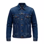 Men's denim trucker jacket in mid indigo wash, full front view with metal shank buttons, chest flap pockets and side welt pockets