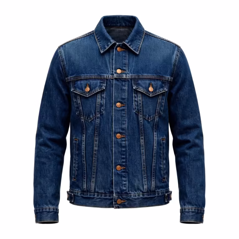 Men's denim trucker jacket in mid indigo wash, full front view with metal shank buttons, chest flap pockets and side welt pockets