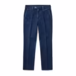 Men's denim trousers in indigo denim, full front view with flat front, slanted pockets, tailored waistband with hook-and-bar closure and pressed leg creases