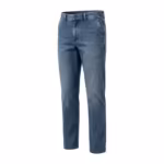 Men's denim trousers in stonewash denim, three-quarter ghost form angle showing the flat front, slanted pocket and tailored waistband