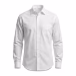 Men's dress shirt in white cotton poplin, full front view with fused semi-spread collar, button placket and single chest pocket