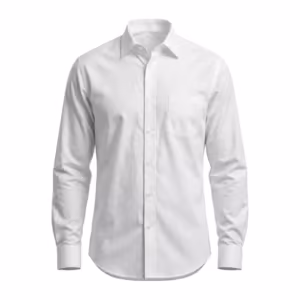 Men's dress shirt in white cotton poplin, full front view with fused semi-spread collar, button placket and single chest pocket