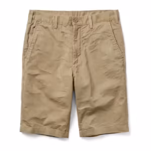 Men's casual chino shorts in khaki cotton twill, full front view with flat front, button waistband, belt loops and slanted pockets