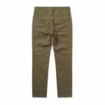 Men's slim fit chino pants in olive cotton twill, back view with two buttoned back pockets