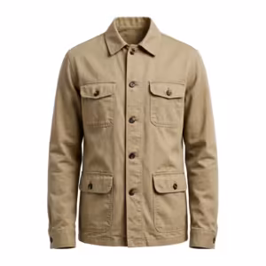 Men's twill jacket in khaki cotton twill, full front view of the chore cut with button front, flap patch pockets at the chest and waist and button cuffs