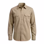 Men's cotton twill work shirt in khaki with fine diagonal weave, full front view with point collar, button placket and two button-flap chest pockets