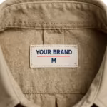 Close-up of the inside back neck of the khaki cotton twill work shirt showing the cream woven YOUR BRAND label with navy lettering, a red rule line and the size M mark, stitched into the centre of the inside back neck just below the collar band seam