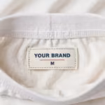 Close-up of the inside back waistband of the white cotton brief showing the cream woven YOUR BRAND label with navy lettering, a red rule line and the size M mark, stitched into the waistband